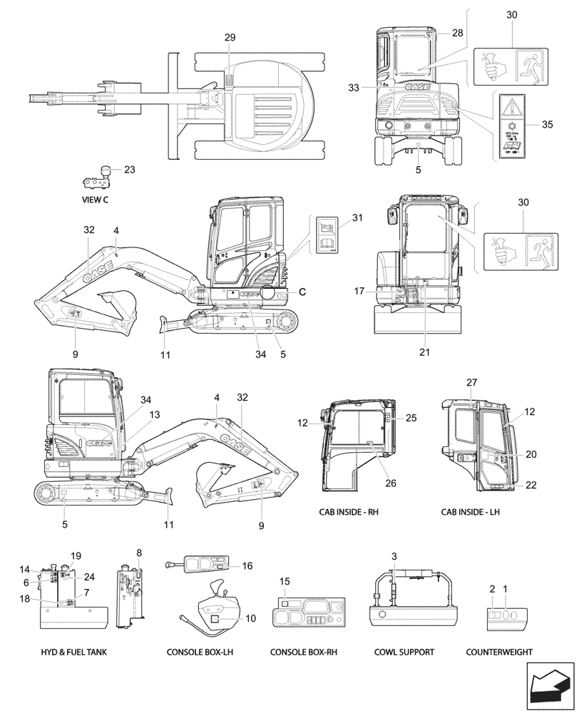 Схема запчастей Case CX37C - (90.108.010) - DECALS, CAB (90) - PLATFORM, CAB, BODYWORK AND DECALS