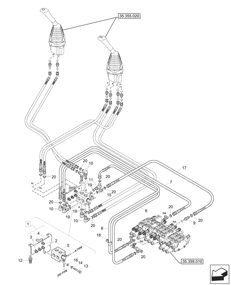 Схема запчастей Case CX37C - (35.355.050) - JOYSTICK, HYDRAULIC LINE, CONTROL VALVE (35) - HYDRAULIC SYSTEMS