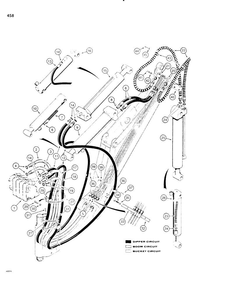 Схема запчастей Case SD100 - (458) - BACKHOE HYDRAULIC CIRCUIT, BOOM, DIPPER, AND BUCKET, USE WITH H588566 FOUR SPOOL VALVE (35) - HYDRAULIC SYSTEMS