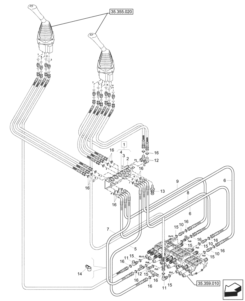 Схема запчастей Case CX37C - (35.355.040) - JOYSTICK, HYDRAULIC LINE, CONTROL VALVE (35) - HYDRAULIC SYSTEMS