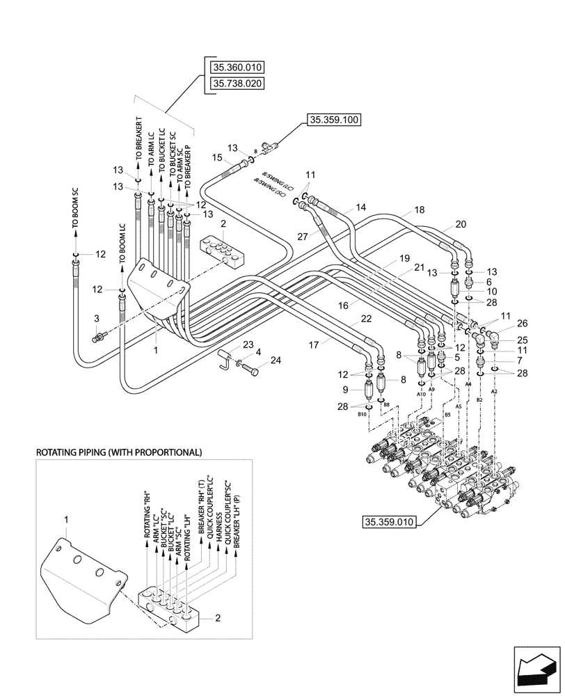 Схема запчастей Case CX37C - (35.359.080) - CONTROL VALVE, BOOM, LINES (35) - HYDRAULIC SYSTEMS