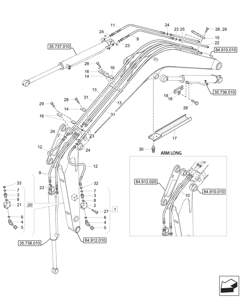 Схема запчастей Case CX37C - (35.738.020) - DIPPER & BUCKET SECTION, LINES (35) - HYDRAULIC SYSTEMS