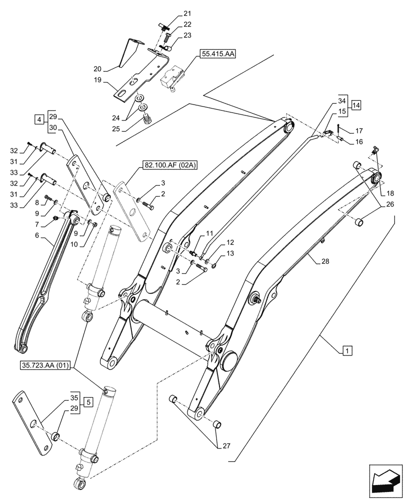 Схема запчастей Case 580N EP - (82.100.AF[01A]) - FRONT LOADER, ARM - BEGIN S/N NGC729080 (82) - FRONT LOADER & BUCKET