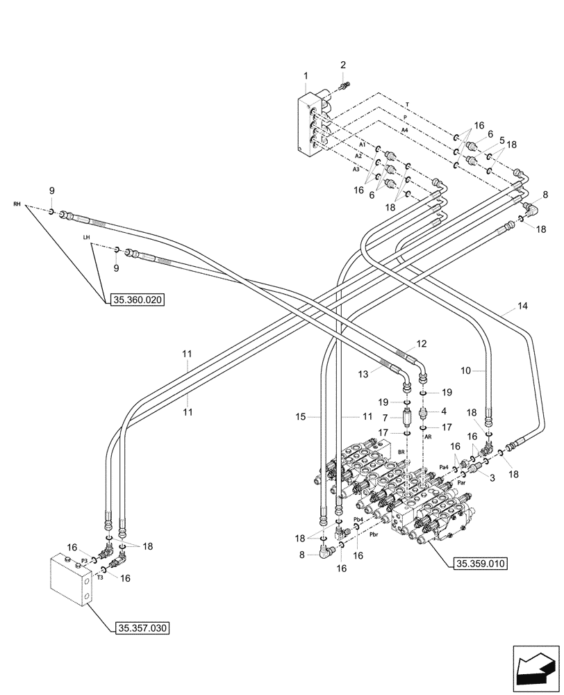 Схема запчастей Case CX37C - (35.360.010) - VAR - 405033, 40535 - CONTROL VALVE, HAMMER, SHEARS, LINES (35) - HYDRAULIC SYSTEMS