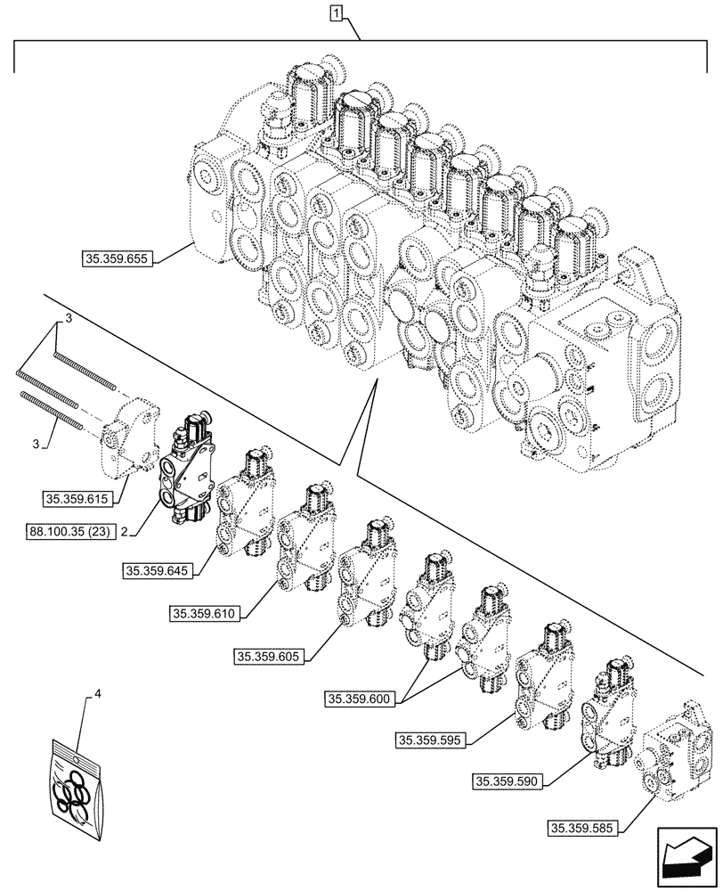 Схема запчастей Case 580SN WT - (88.100.35[22]) - DIA KIT, BI-AUXILIARY BACKHOE VALVE SECTION, PILOT CONTROL (88) - ACCESSORIES