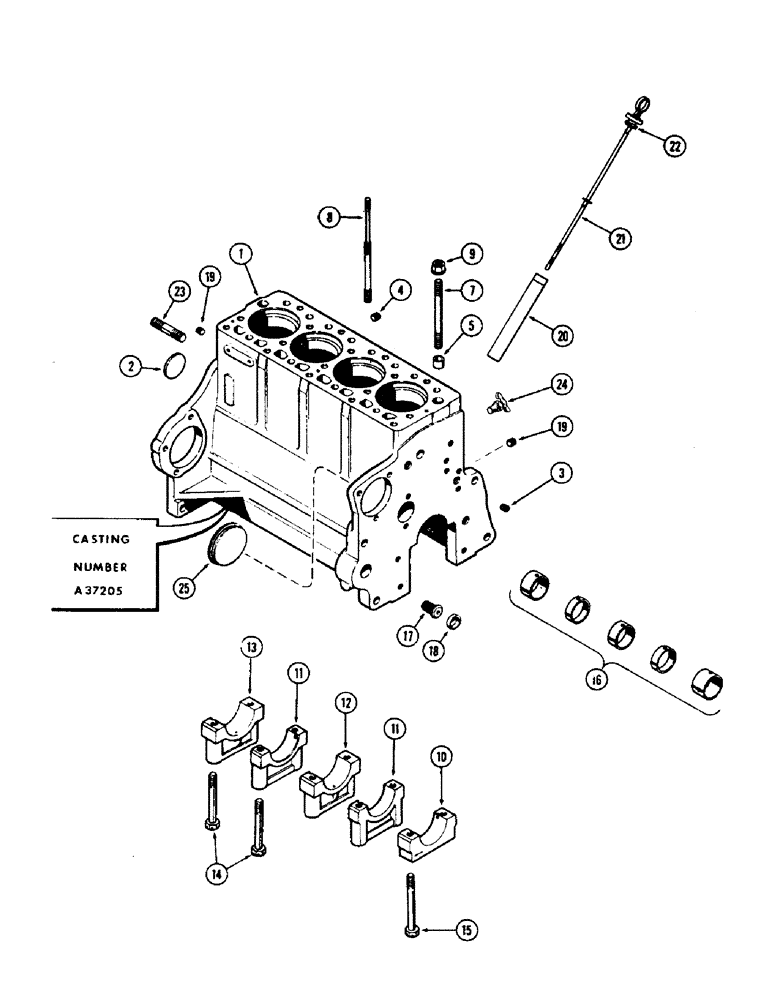 Схема запчастей Case 500 - (013C) - CYLINDER BLOCK ASSEMBLY, (188) DIESEL ENGINE, FOR WIDE FLANGED SLEEVES, FIRST USED ENG. S/N 2614827 (01) - ENGINE