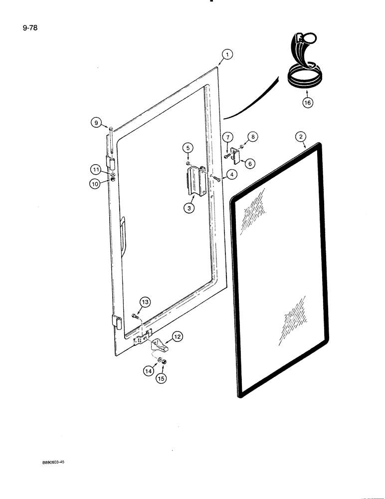 Схема запчастей Case 821 - (9-078) - RIGHT-HAND CAB WINDOW, CABS WITH ALUMINUM LATCHES FOR WINDOW (09) - CHASSIS/ATTACHMENTS