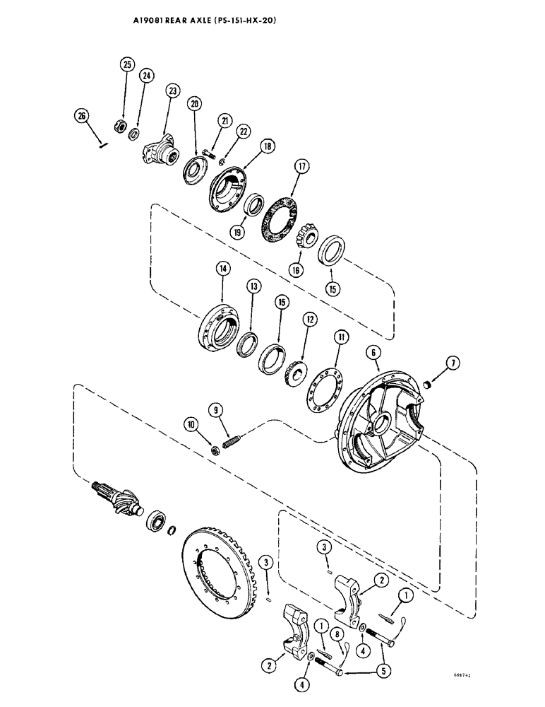 Схема запчастей Case W9B - (182) - A19081 REAR STEERING AXLE, EARLY PRODUCTION, DIFFERENTIAL PINION CAGE AND CARRIER (06) - POWER TRAIN