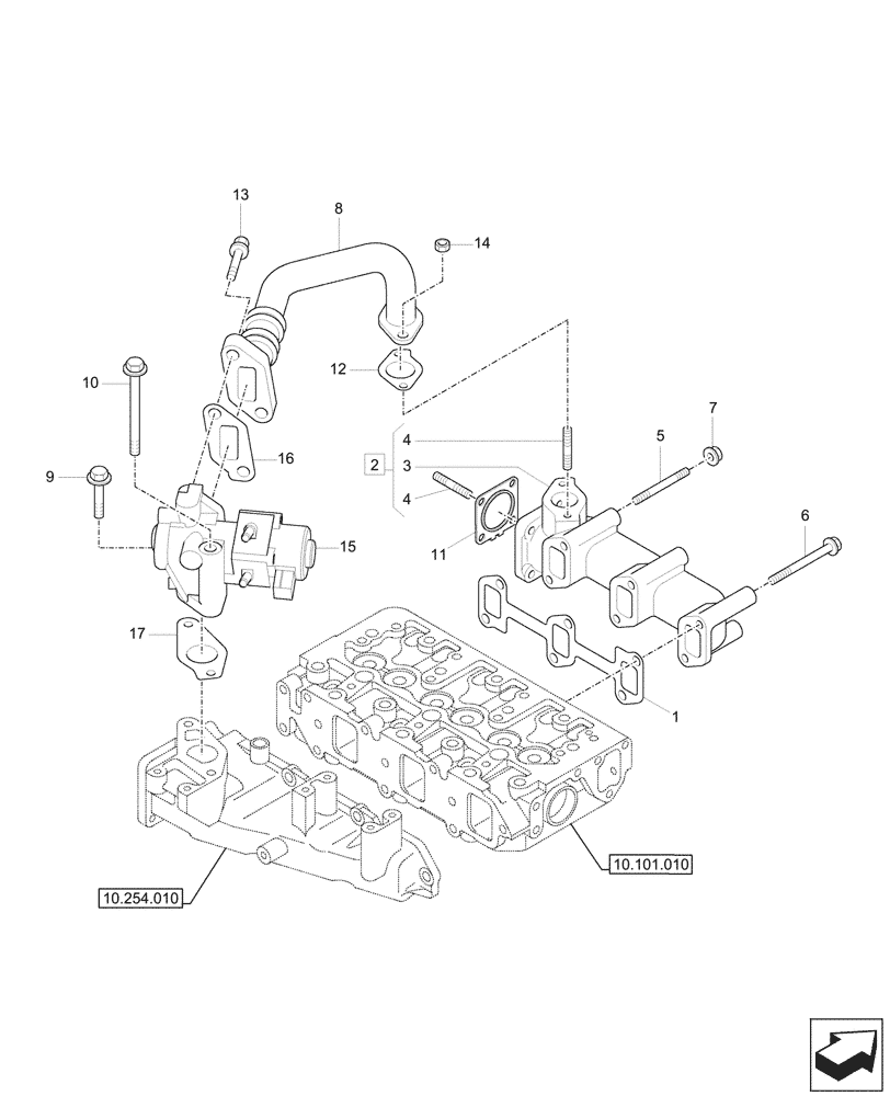 Схема запчастей Case CX33C - (10.254.020) - EXHAUST MANIFOLD, EXHAUST VALVE (10) - ENGINE