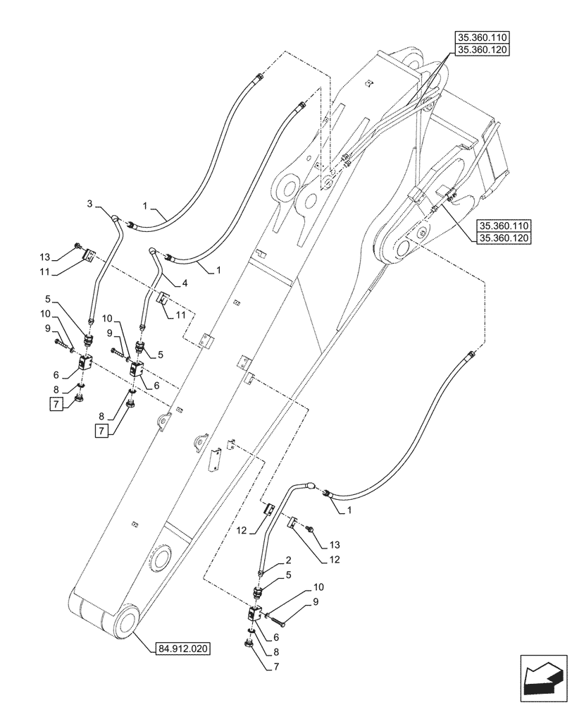 Схема запчастей Case CX750D RTC - (35.360.390) - VAR - 461557, 461863 - ARM, LINES, AUXILIARY (35) - HYDRAULIC SYSTEMS