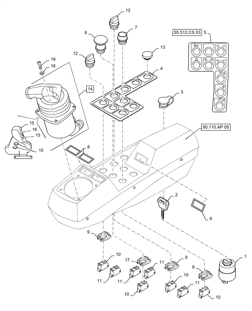 Схема запчастей Case DV209D - (55.512.CS[02]) - CONTROL PANEL RIGHT SIDE (55) - ELECTRICAL SYSTEMS