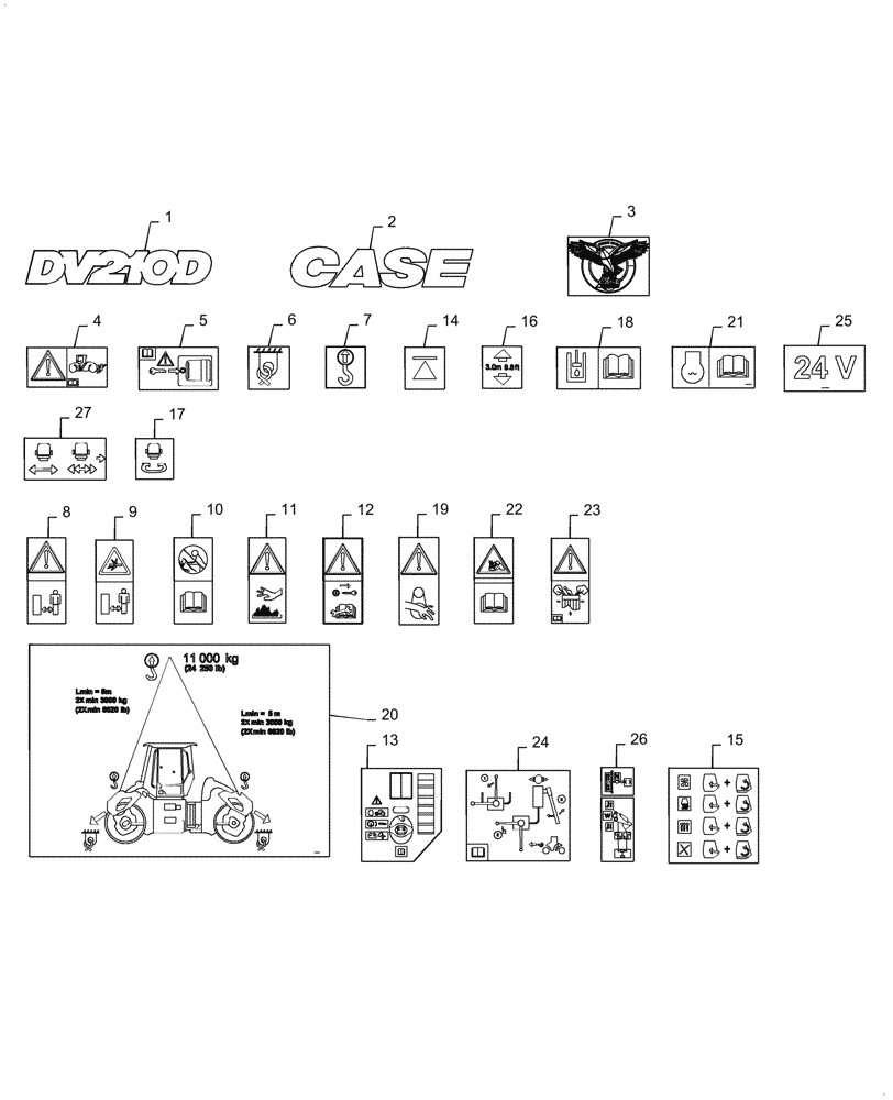 Схема запчастей Case DV210D - (90.108.AB) - CAB MODEL AND CONTROL DECALS (90) - PLATFORM, CAB, BODYWORK AND DECALS