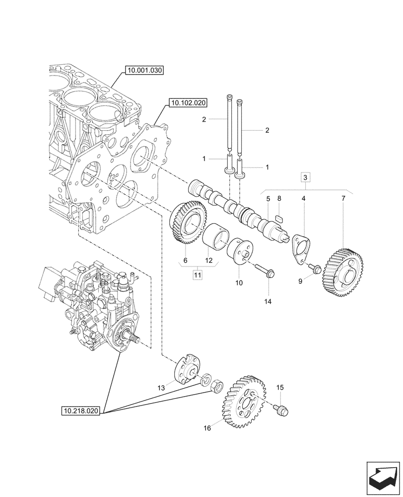 Схема запчастей Case CX33C - (10.106.010) - CAMSHAFT, IDLER GEAR (10) - ENGINE