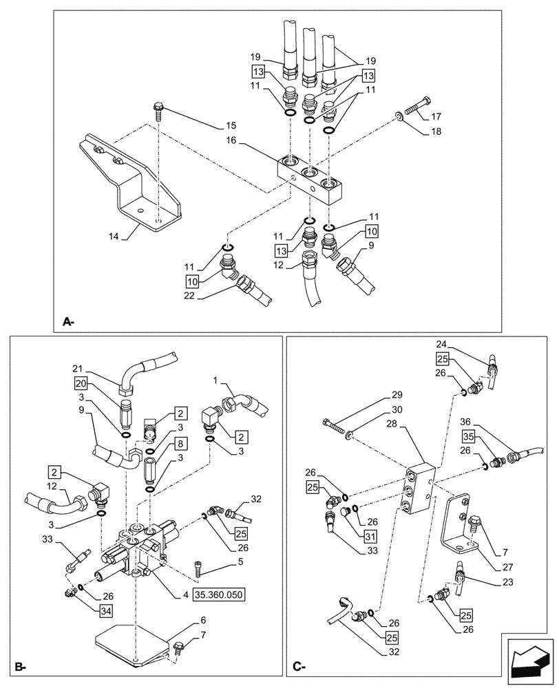 Схема запчастей Case CX750D RTC - (35.360.020) - VAR - 461863 - HYDRAULIC LINE, CLAMSHELL BUCKET, ROTATION, W/ ELECTRICAL PROPORTIONAL CONTROL (35) - HYDRAULIC SYSTEMS