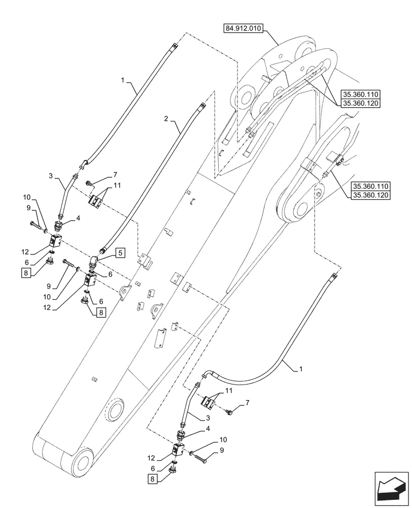 Схема запчастей Case CX750D RTC - (35.360.140) - VAR - 461557, 461863 - ARM, LINES, CLAMSHELL BUCKET, ROTATION, CONTROL (35) - HYDRAULIC SYSTEMS