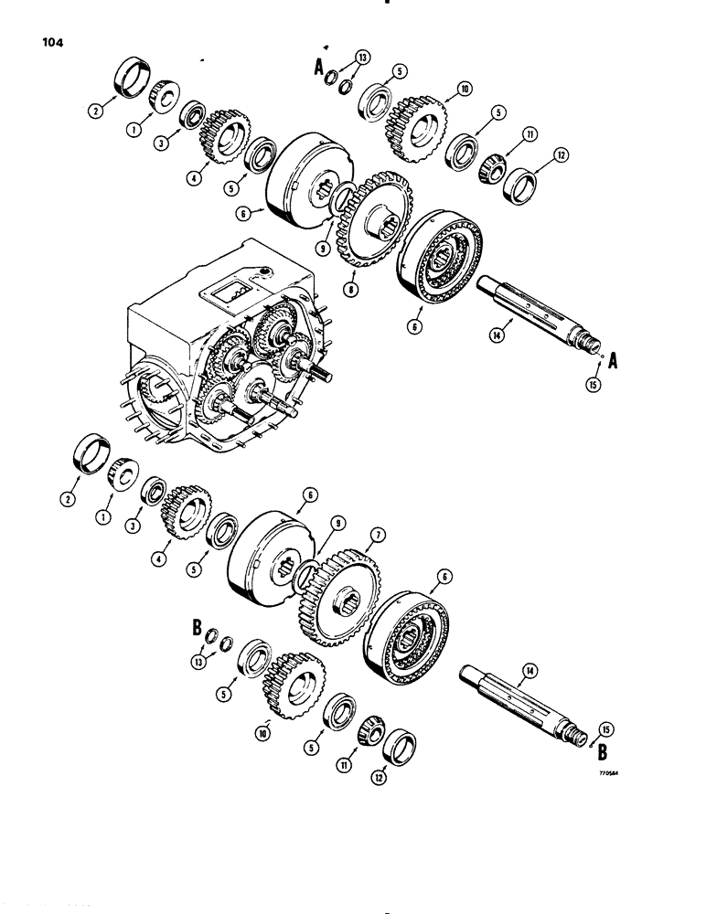 Схема запчастей Case 450B - (104) - TRANSMISSION HIGH-LOW CLUTCHES AND SHAFTS (03) - TRANSMISSION