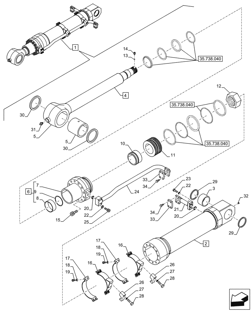 Схема запчастей Case CX750D RTC ME - (35.738.030) - VAR - 461572 - BUCKET CYLINDER, COMPONENTS (35) - HYDRAULIC SYSTEMS