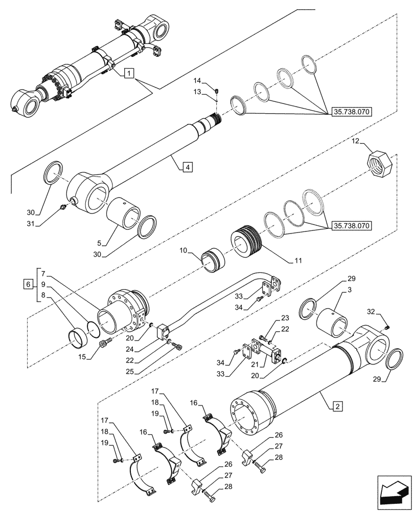 Схема запчастей Case CX750D RTC - (35.738.060) - VAR - 488019, 488132, 781677, 781930 - BUCKET CYLINDER, COMPONENTS (35) - HYDRAULIC SYSTEMS