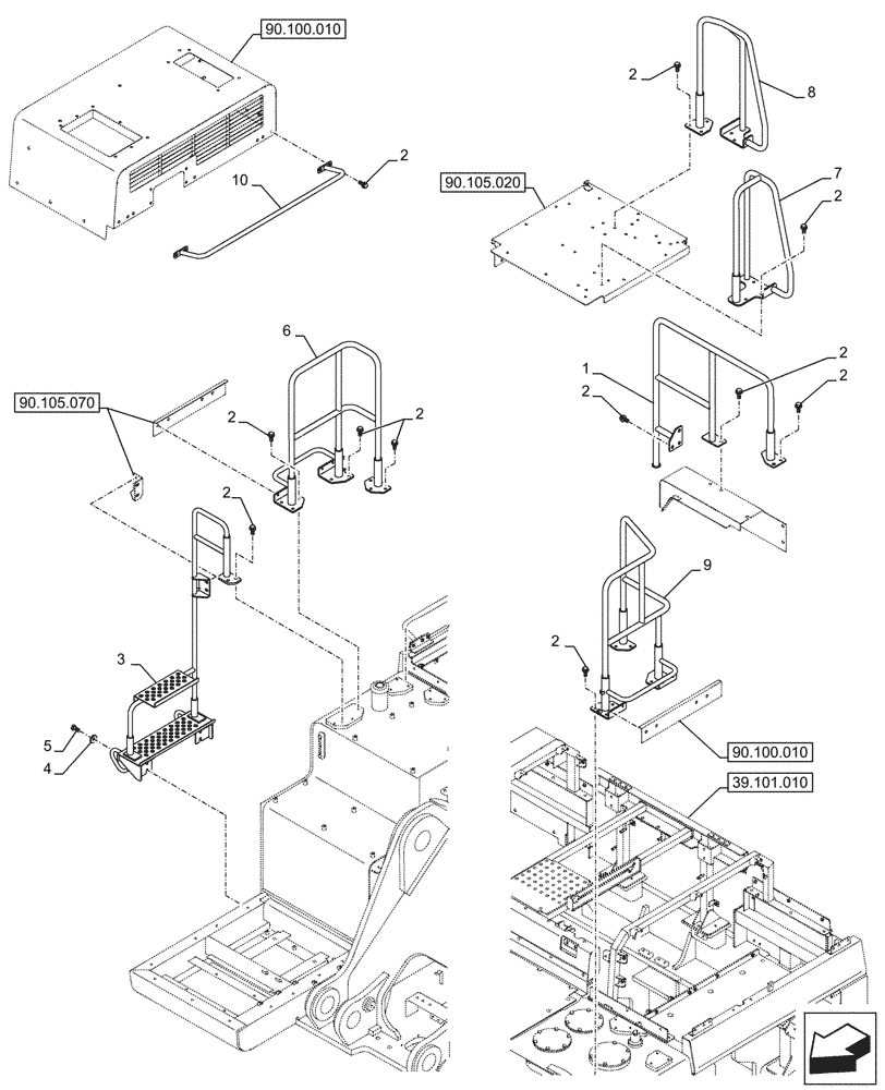 Схема запчастей Case CX750D RTC - (90.118.030) - HANDRAIL (90) - PLATFORM, CAB, BODYWORK AND DECALS