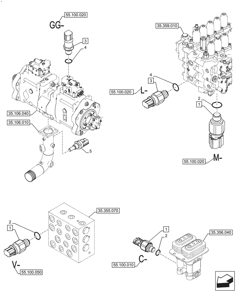 Схема запчастей Case CX750D RTC ME - (55.036.020) - HYDRAULIC SYSTEM, SENSOR (55) - ELECTRICAL SYSTEMS