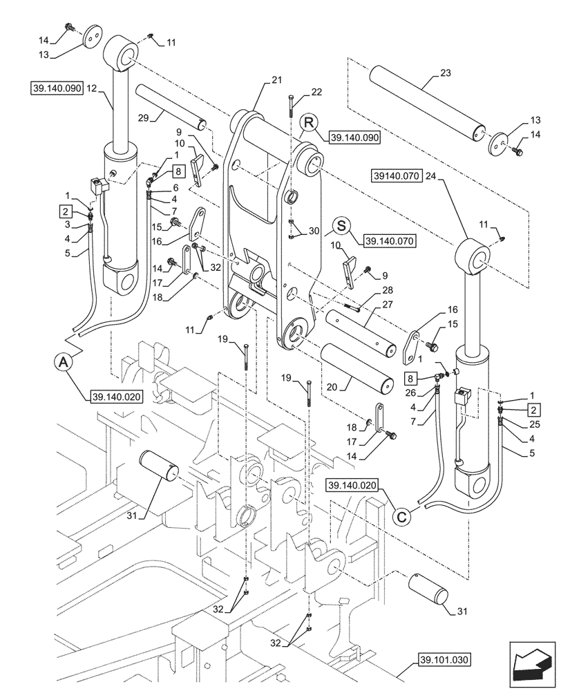 Схема запчастей Case CX750D RTC ME - (39.140.060) - VAR - 481263 - CYLINDER, HYDRAULIC, COUNTERWEIGHT (39) - FRAMES AND BALLASTING