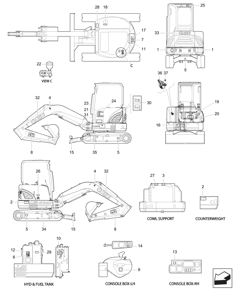 Схема запчастей Case CX33C - (90.108.010) - DECALS, CANOPY (90) - PLATFORM, CAB, BODYWORK AND DECALS