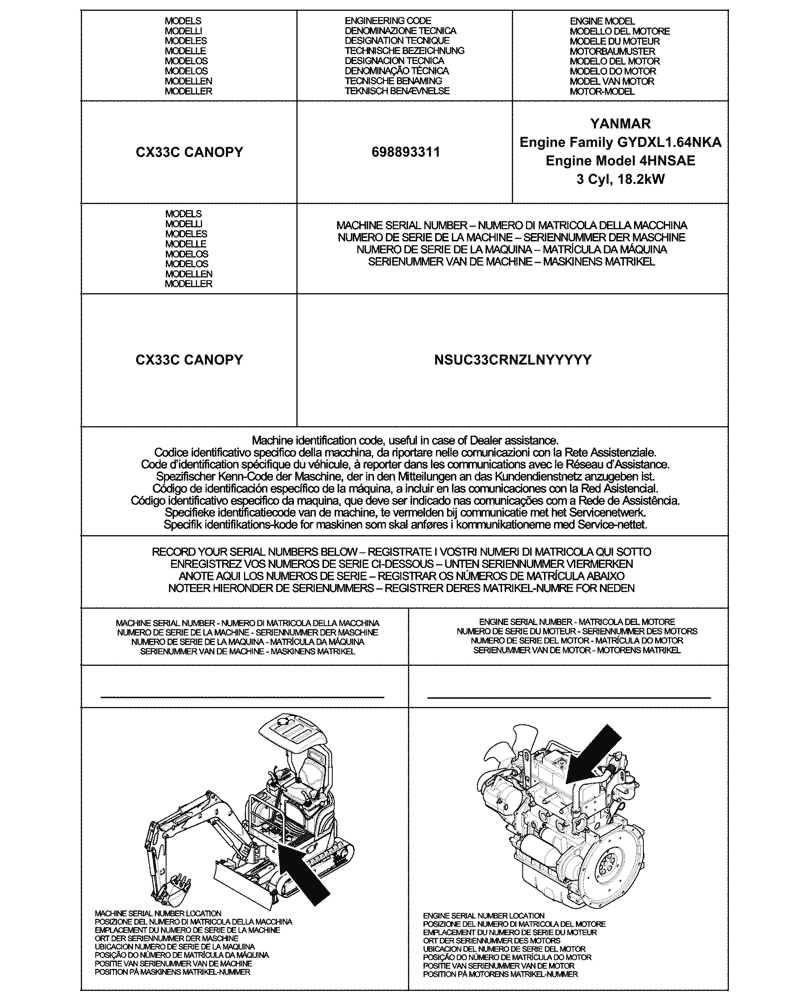 Схема запчастей Case CX33C - (00.100.01) - IDENTIFICATION PLATES AND VERSION LIST (00) - GENERAL & PICTORIAL INDEX