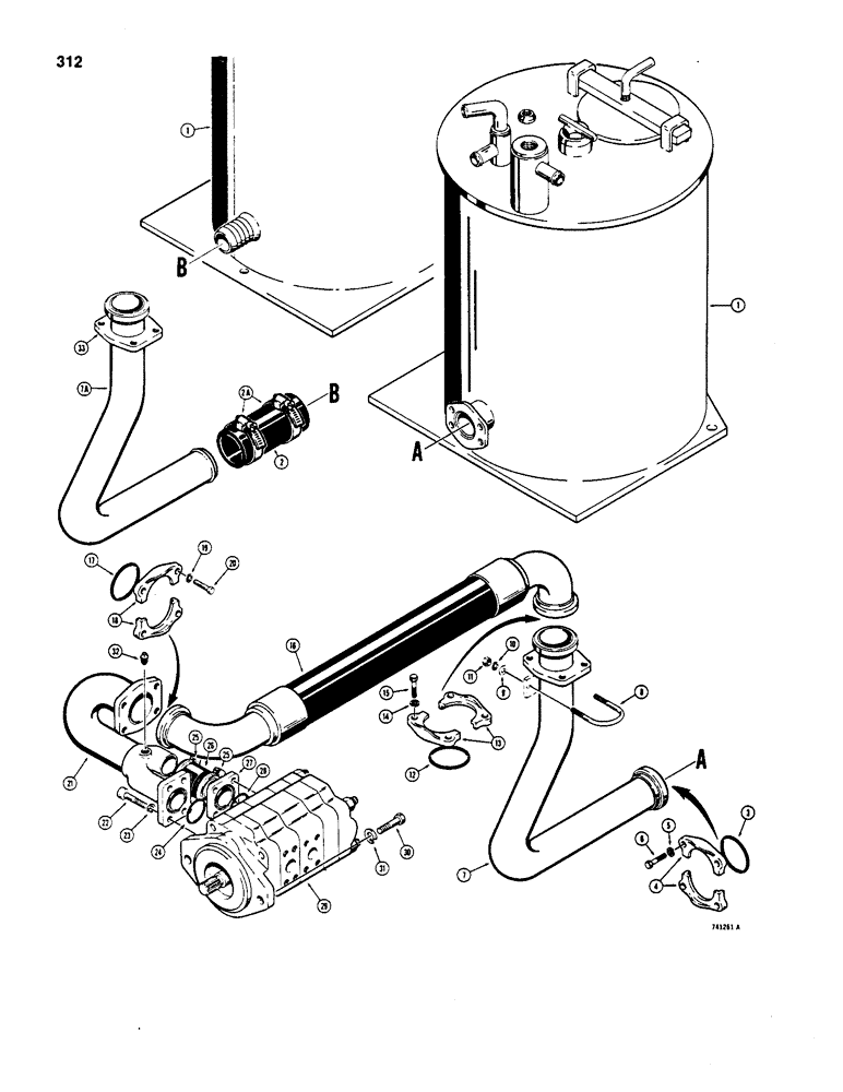 Схема запчастей Case W20B - (312) - BASIC HYDRAULIC CIRCUIT, RESERVOIR TO PUMP (08) - HYDRAULICS