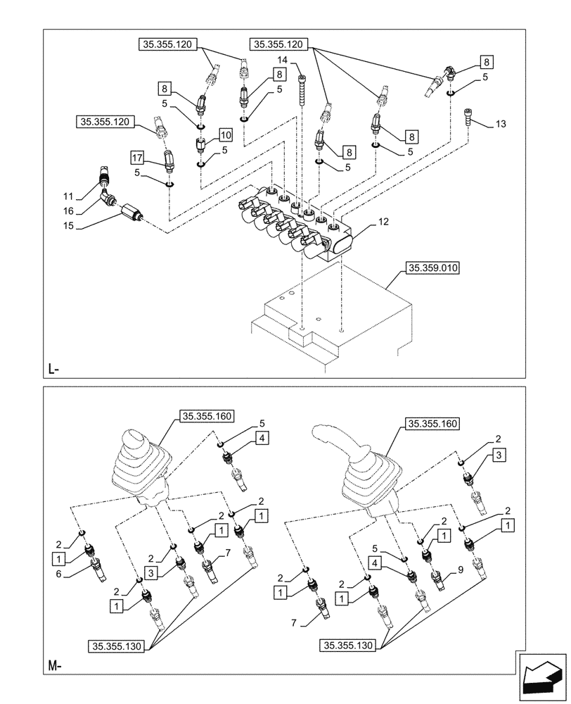 Схема запчастей Case CX245D - (35.355.140) - VAR - 461558 - JOYSTICK, HYDRAULIC LINE, CONTROL VALVE, CONTROL PATTERN SELECTION (35) - HYDRAULIC SYSTEMS