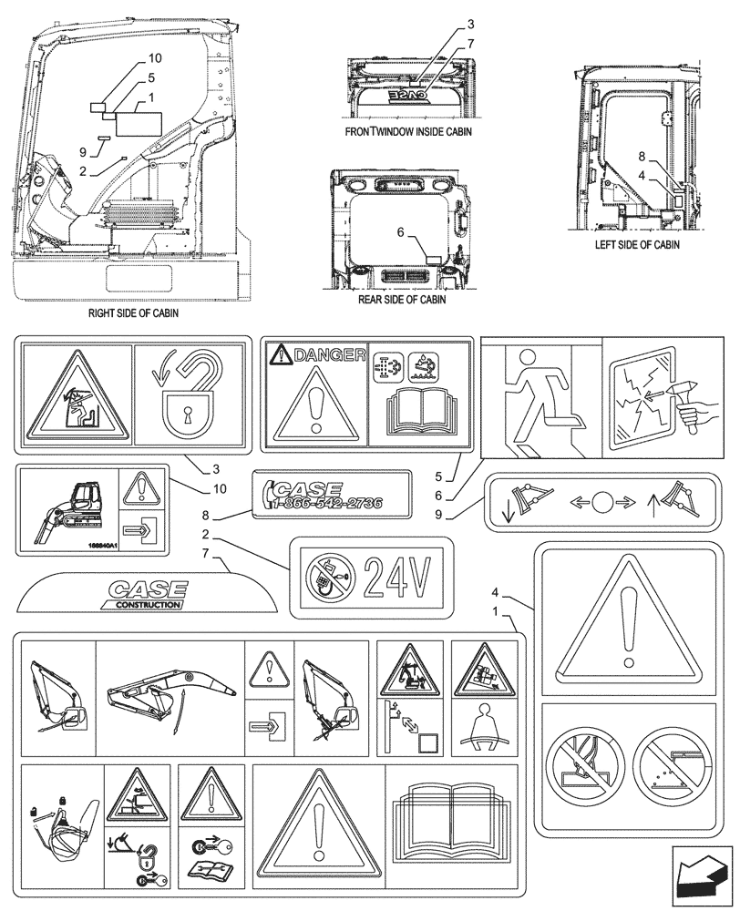 Схема запчастей Case CX245D - (90.108.010) - WARNING, DECALS (90) - PLATFORM, CAB, BODYWORK AND DECALS