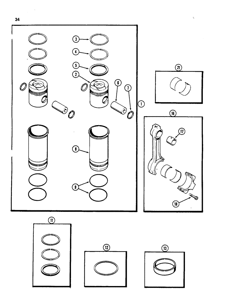 Схема запчастей Case W18 - (034) - PISTON ASSEMBLY, 401BD AND 401BDT DIESEL ENGINE (02) - ENGINE