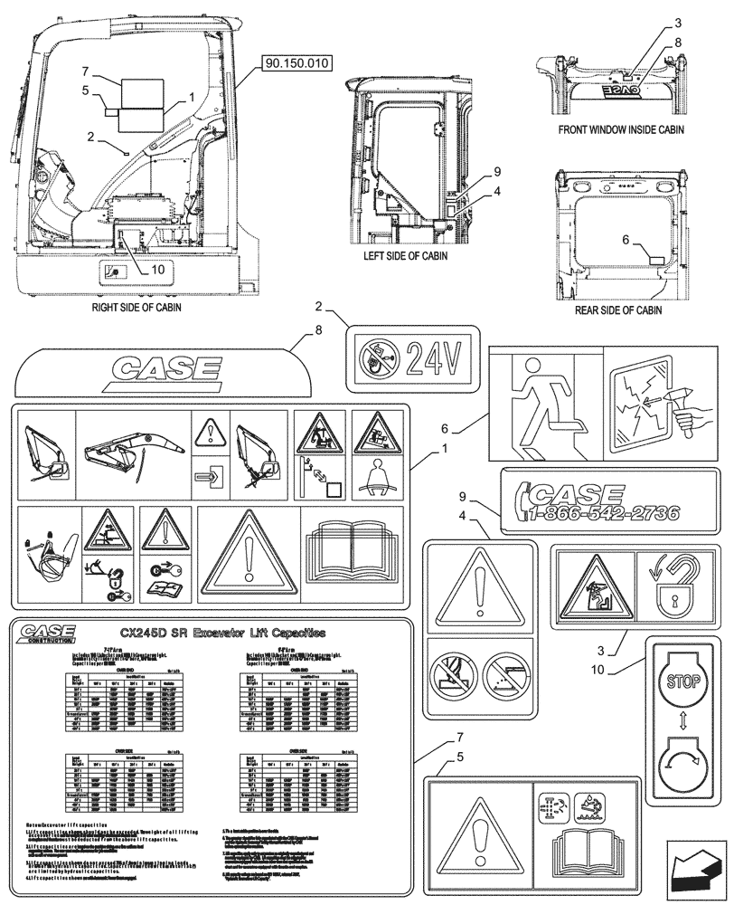 Схема запчастей Case CX245D SR LC - (90.108.010) - WARNING, DECALS (90) - PLATFORM, CAB, BODYWORK AND DECALS