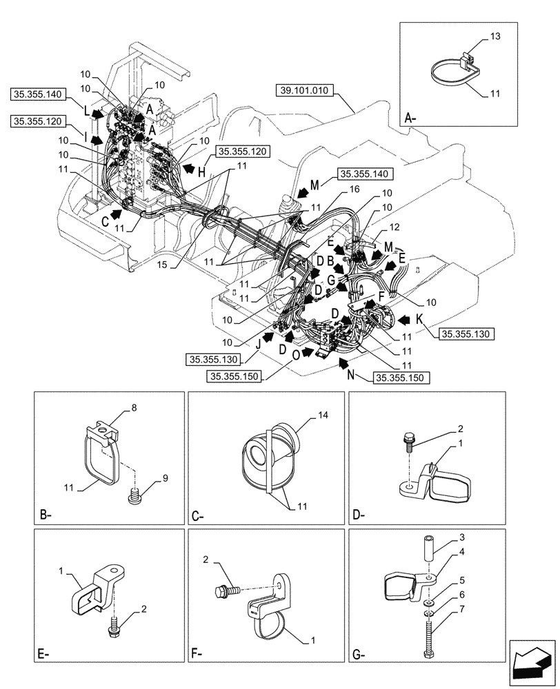 Схема запчастей Case CX245D SR LC - (35.355.110) - VAR - 461558 - HYDRAULIC LINE, CLAMP, CONTROL PATTERN SELECTION (35) - HYDRAULIC SYSTEMS