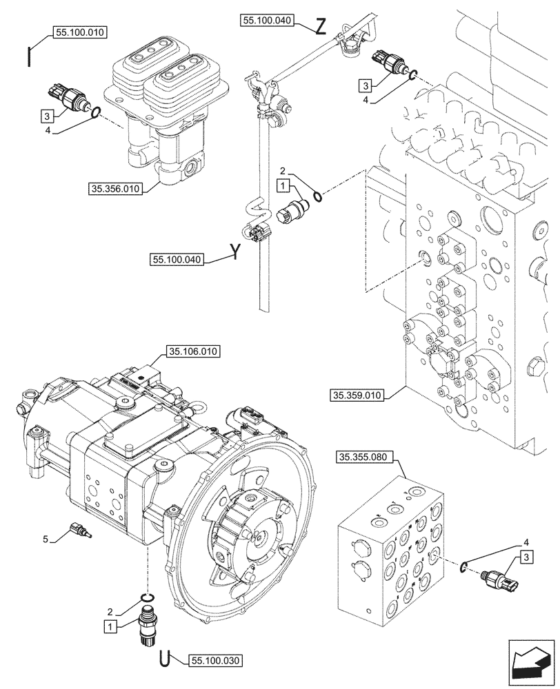 Схема запчастей Case CX245D - (55.036.010) - HYDRAULIC SYSTEM, SENSOR (55) - ELECTRICAL SYSTEMS