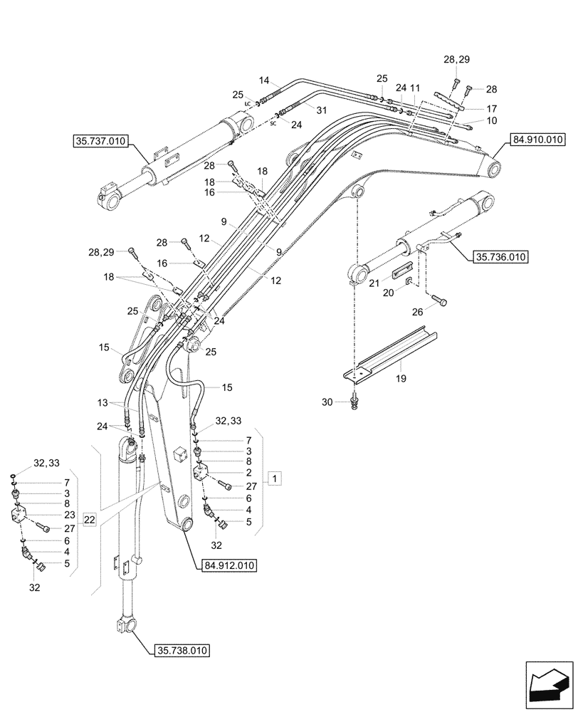 Схема запчастей Case CX33C - (35.738.020) - DIPPER & BUCKET SECTION, LINES (35) - HYDRAULIC SYSTEMS