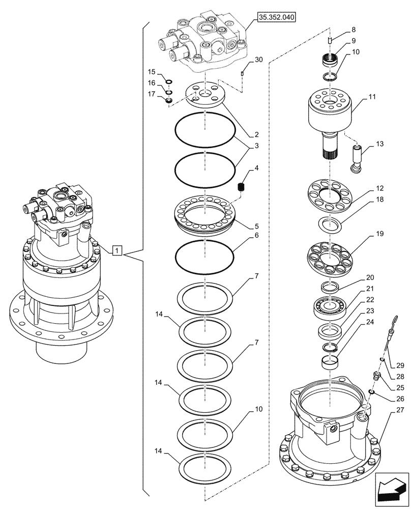 Схема запчастей Case CX245D - (35.352.050) - SWING REDUCTION UNIT, COMPONENTS (35) - HYDRAULIC SYSTEMS