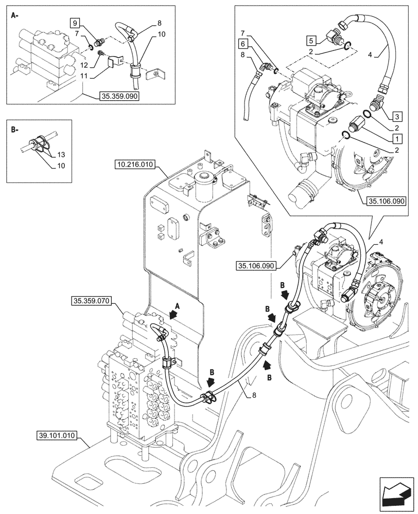 Схема запчастей Case CX245D SR LC - (35.106.030) - VAR - 461863 - VARIABLE DELIVERY HYDRAULIC PUMP, PRESSURE PIPE, CLAMSHELL BUCKET, ROTATION, W/ ELECTRICAL PROPORTIONAL CONTROL (35) - HYDRAULIC SYSTEMS