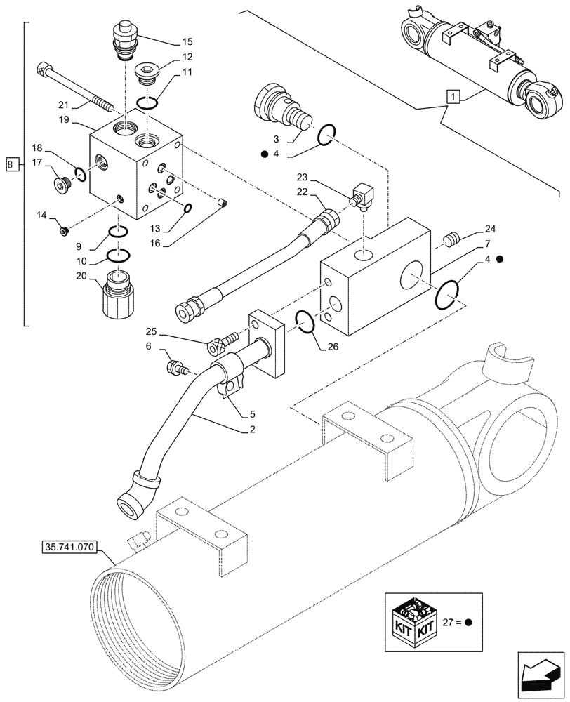 Схема запчастей Case CX245D - (35.741.080) - VAR - 481064 - DOZER BLADE, LIFT CYLINDER, RIGHT, COMPONENTS, SAFETY VALVE (35) - HYDRAULIC SYSTEMS