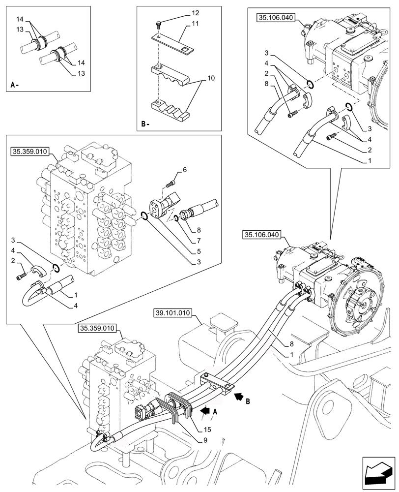 Схема запчастей Case CX245D SR LC - (35.106.020) - VARIABLE DELIVERY HYDRAULIC PUMP, PRESSURE PIPE (35) - HYDRAULIC SYSTEMS