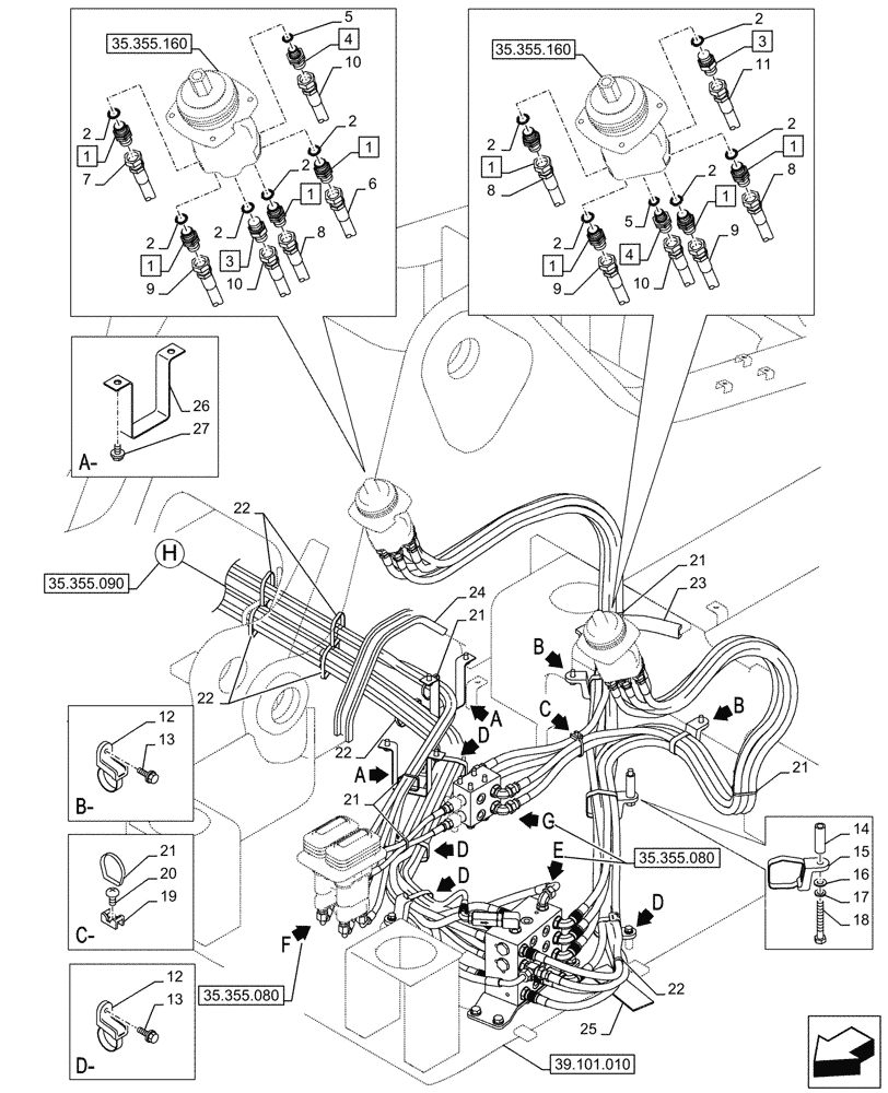 Схема запчастей Case CX245D SR LC - (35.355.070) - JOYSTICK, HYDRAULIC LINE, CONTROL VALVE (35) - HYDRAULIC SYSTEMS