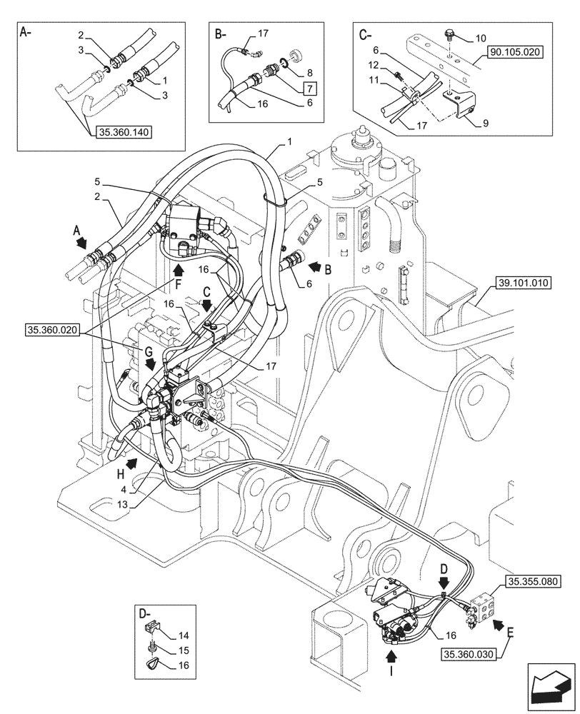 Схема запчастей Case CX245D SR LC - (35.360.010) - HAMMER CIRCUIT, LINES (35) - HYDRAULIC SYSTEMS