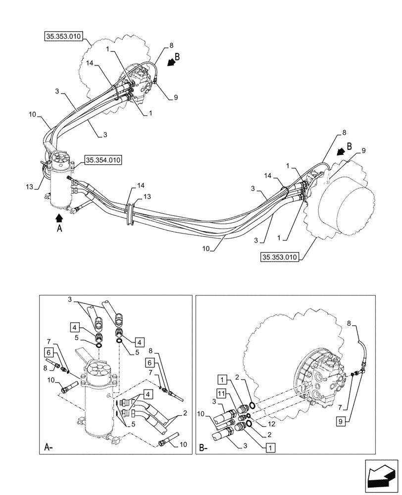 Схема запчастей Case CX245D - (35.353.070) - TRAVEL MOTOR & REDUCTION GEAR, LINES (35) - HYDRAULIC SYSTEMS