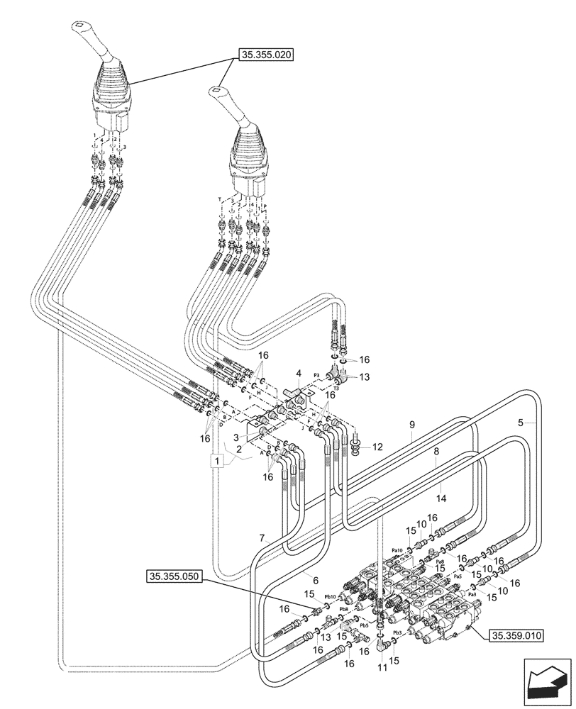 Схема запчастей Case CX33C - (35.355.040) - JOYSTICK, HYDRAULIC LINE, CONTROL VALVE (35) - HYDRAULIC SYSTEMS