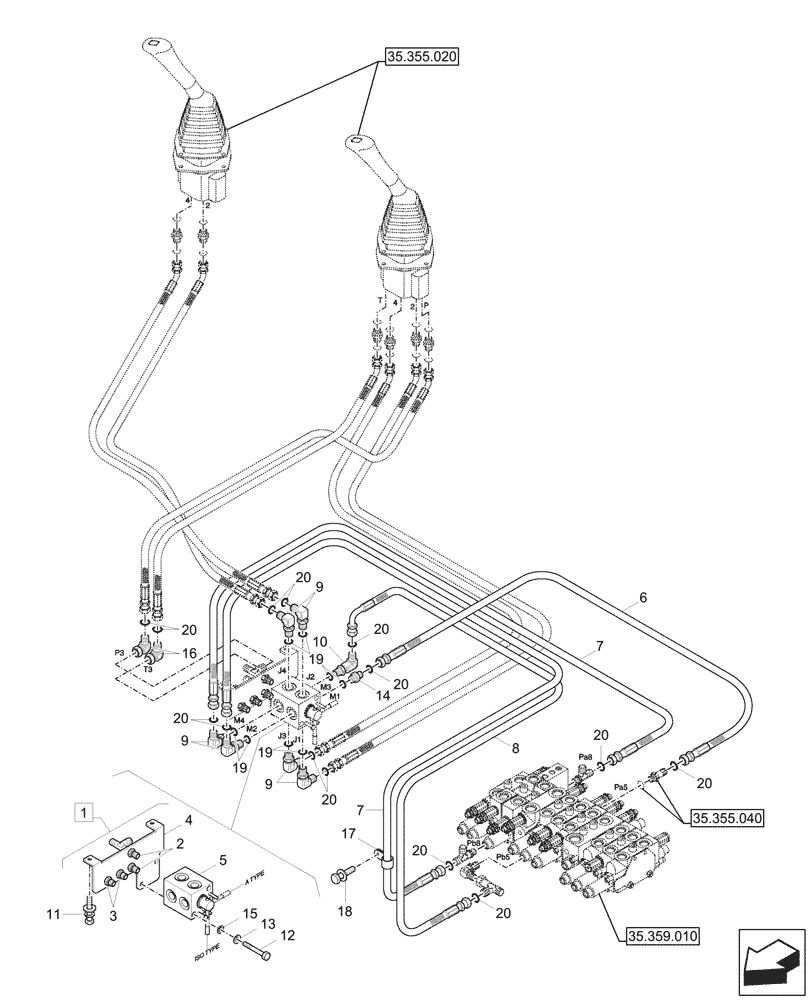 Схема запчастей Case CX33C - (35.355.050) - JOYSTICK, HYDRAULIC LINE, CONTROL VALVE (35) - HYDRAULIC SYSTEMS