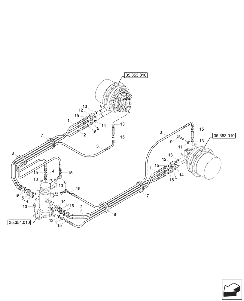 Схема запчастей Case CX33C - (35.353.040) - TRAVEL MOTOR & REDUCTION GEAR, LINES (35) - HYDRAULIC SYSTEMS