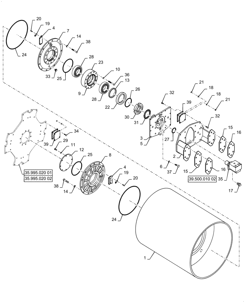 Схема запчастей Case SV208D - (39.500.010[01]) - DRUM, SMOOTH - VIBRATING (39) - FRAMES AND BALLASTING