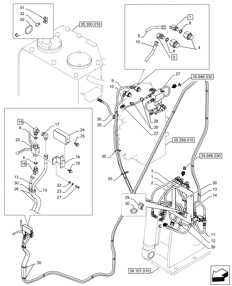 Схема запчастей Case CX290D LC MH - (35.946.010) - ELEVATOR, FRAME, HYDRAULIC LINE (35) - HYDRAULIC SYSTEMS