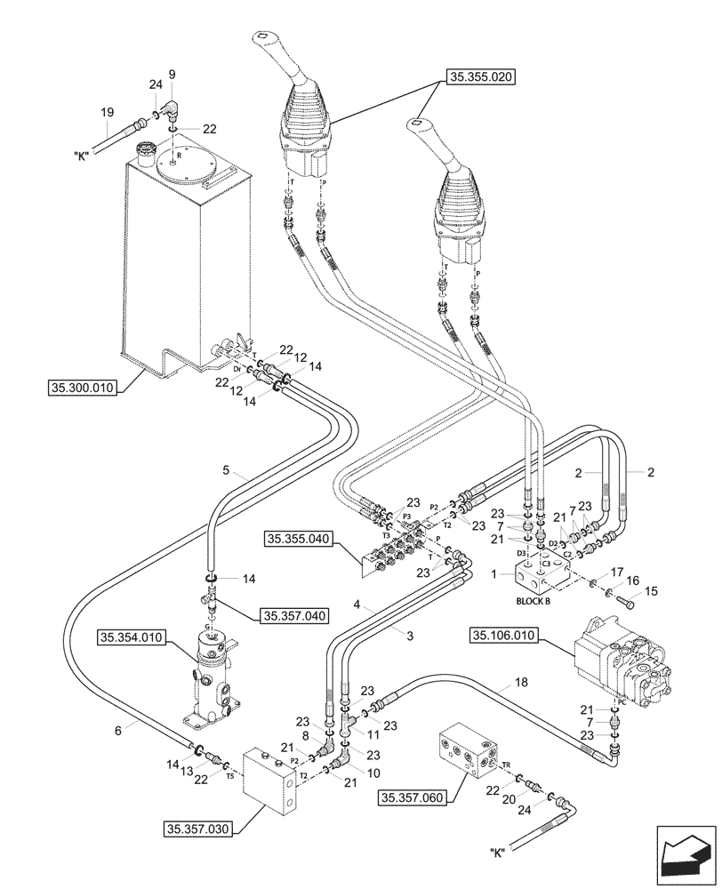 Схема запчастей Case CX33C - (35.357.010) - PILOT CONTROLS, JOYSTICK (35) - HYDRAULIC SYSTEMS