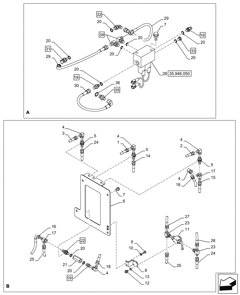 Схема запчастей Case CX290D LC MH - (35.946.030) - ELEVATOR, FRAME, HYDRAULIC LINE (35) - HYDRAULIC SYSTEMS