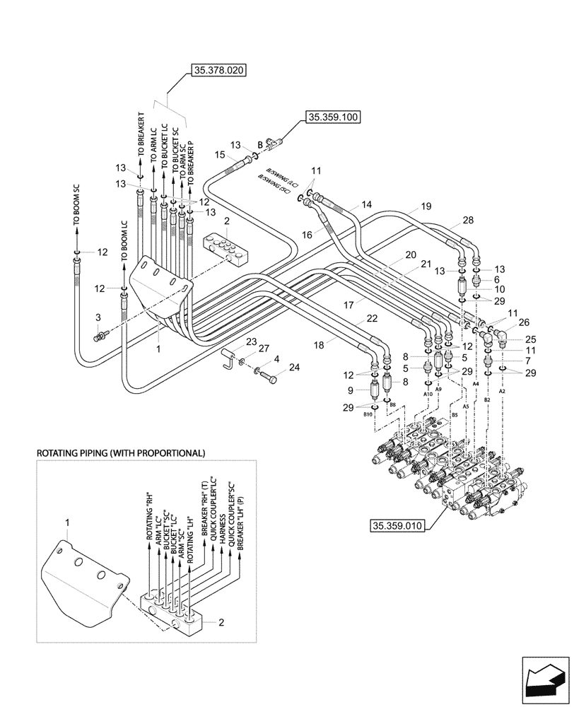 Схема запчастей Case CX33C - (35.359.080) - CONTROL VALVE, BOOM, LINES (35) - HYDRAULIC SYSTEMS